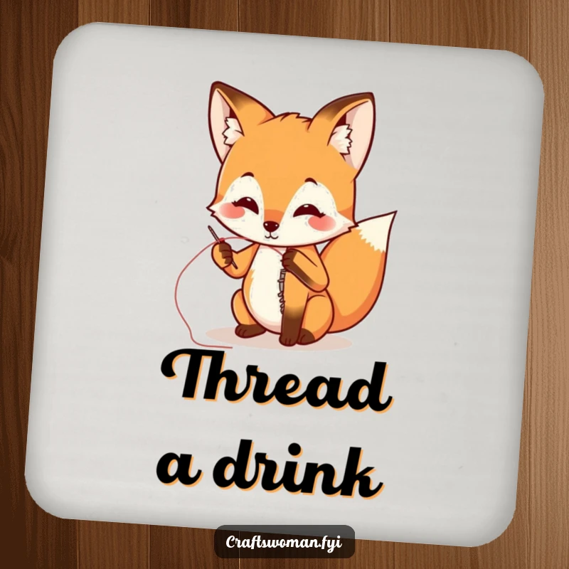 Funny fox sewing a ripped seam on a drink coaster, protecting surfaces with humorous and artistic flair.
