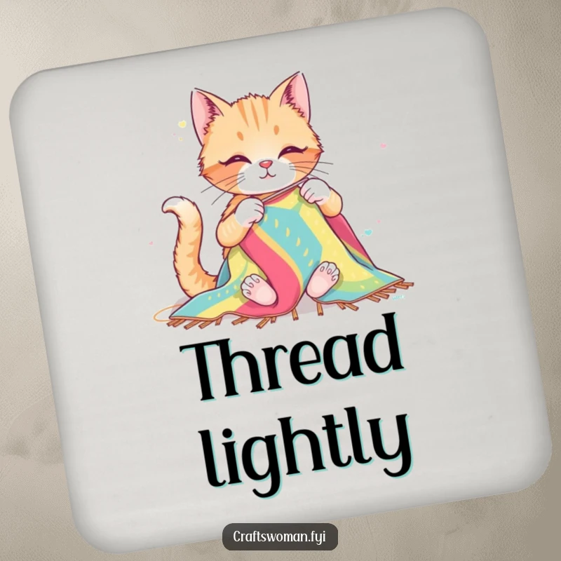 Funny drink coaster showcasing a happy cat sewing a colorful textile with big needles, bringing crafty feline humor to your table setting.
