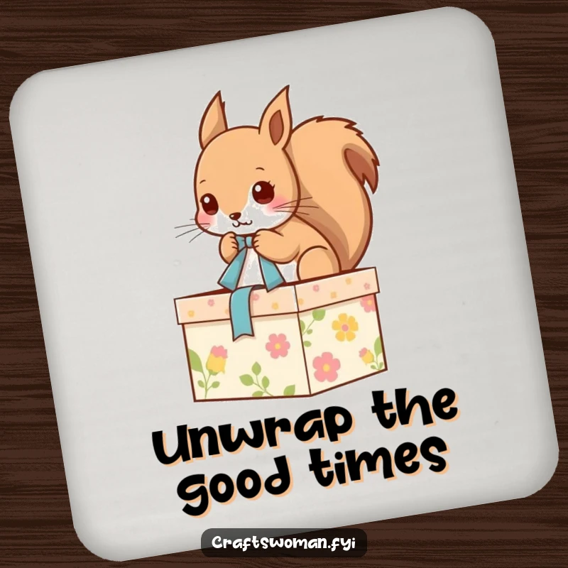 Funny drink coaster with an adorable squirrel tying a ribbon on a decorated gift box, providing protection and a smile.