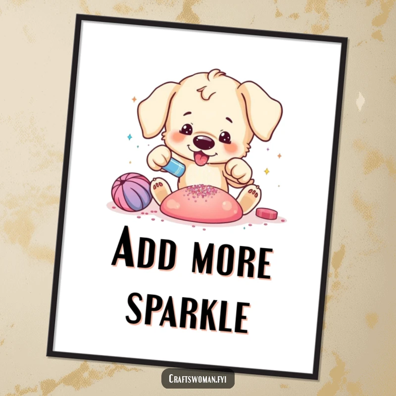 Funny puppy poster showing a playful puppy excitedly adding glitter to a vibrant craft creation, ideal wall art.