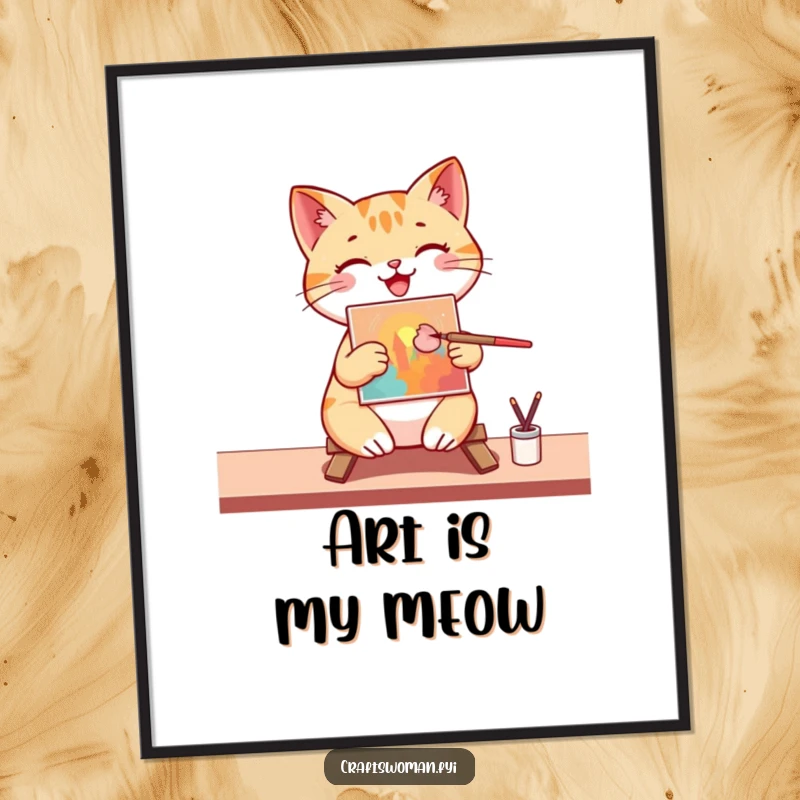 Funny Poster: A happy cat artist is actively painting a bright, vibrant picture on a miniature canvas with a paintbrush, pure art joy.