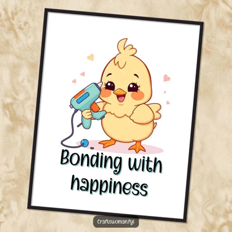 Funny crafting chick poster showing a happy chick with a grin using a glue gun to assemble a project, perfect for decor.