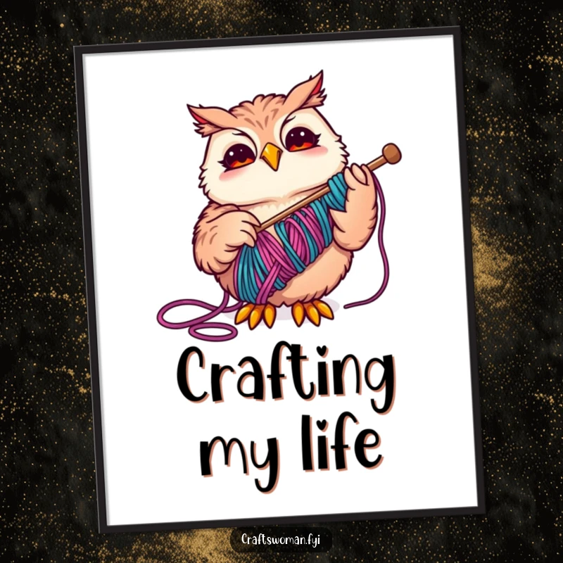 Funny Owl Poster featuring a joyful owl concentrating on threading colorful yarn with a large needle, a whimsical art piece.
