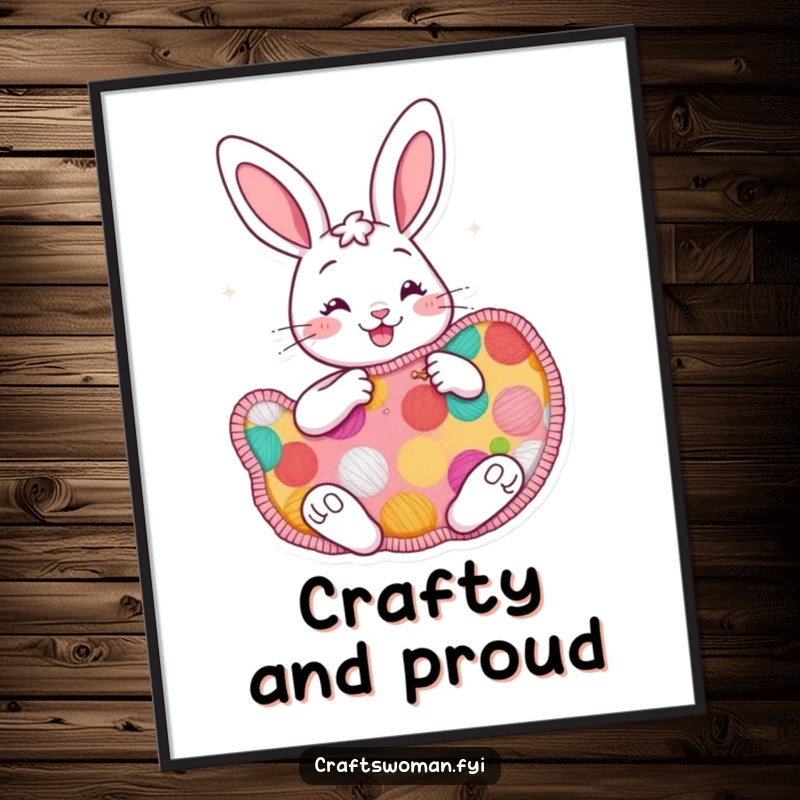 Funny cheerful bunny poster print of a bunny enthusiastically sewing a large, colorful patch, symbolizing creativity and handmade art.