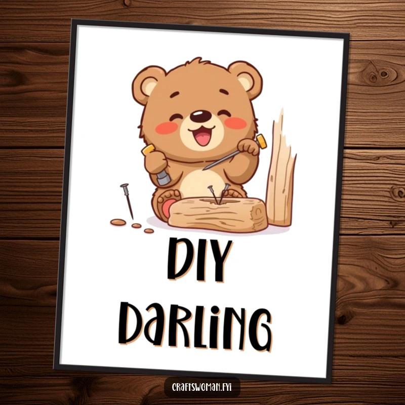 Funny poster illustrating a gleeful bear cub hammering a tiny nail into wood, bringing DIY enthusiasm and cute humor to any space.