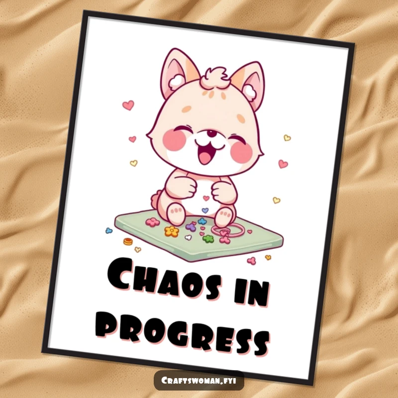 Funny Animal Craft Poster: An animal character gleefully arranges small embellishments on a craft project, capturing a moment of artistic dedication and fun.