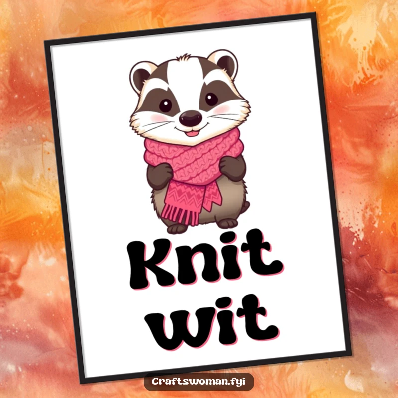 Funny poster art of a smiling badger proudly displaying a colorful knitted scarf, bringing cozy vibes.