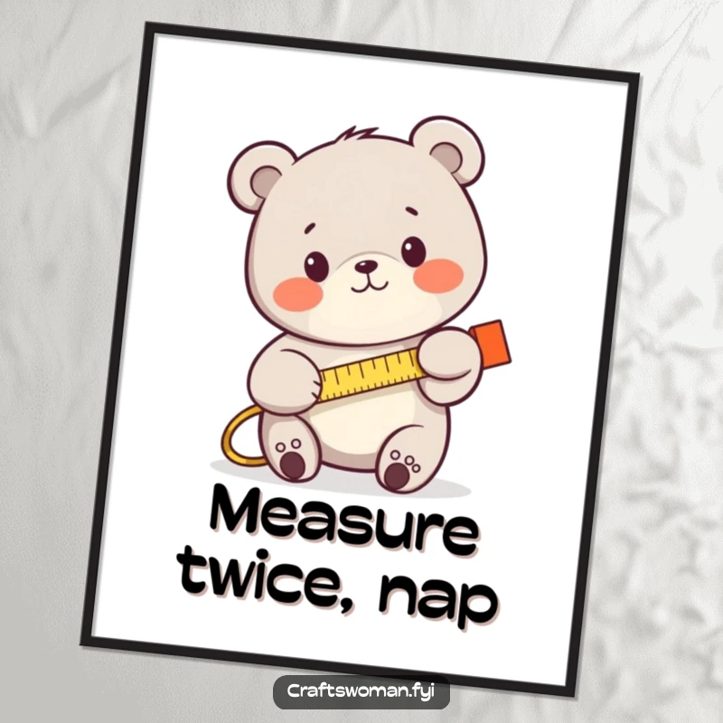 Funny bear using a tape measure, looking determined, displayed as humorous wall art on a poster for workshops.