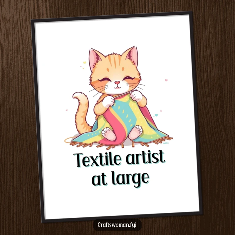 Funny poster illustrating a joyful cat happily sewing a large, colorful piece of fabric with oversized needles, bringing crafting humor to walls.