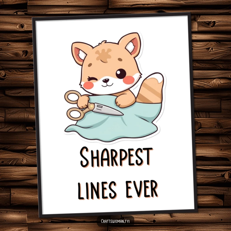 Funny art poster of an animal character carefully cutting a piece of material with playful scissors, ideal for craft rooms.