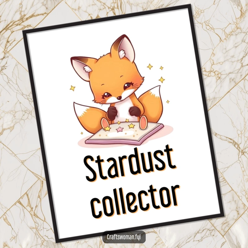 Funny fox poster showing a playful fox carefully gluing glitter stars onto a craft project, adding whimsical decor.