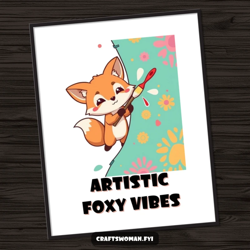 Funny Poster showcasing a determined fox character enthusiastically painting a vibrant pattern onto fabric.