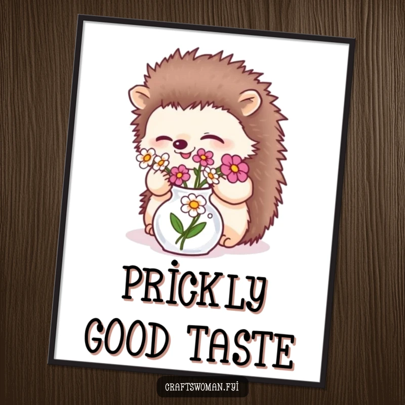 Funny giggling hedgehog delicately arranging flowers in a tiny vase, displayed as whimsical wall art on a poster.