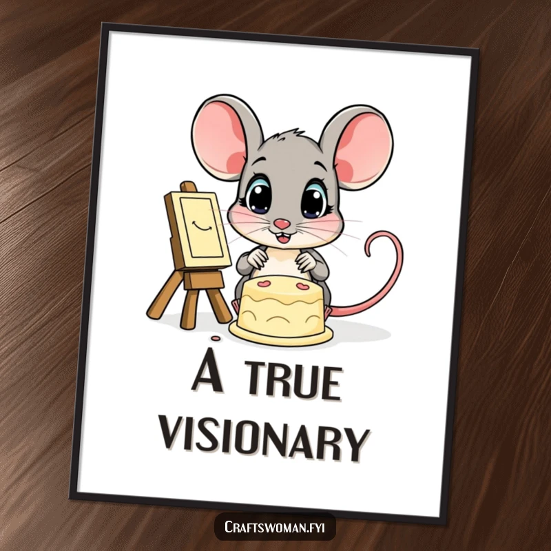 Funny poster showcasing a small mouse with wide, amazed eyes looking up at a magnificent finished creation, evoking inspiration.