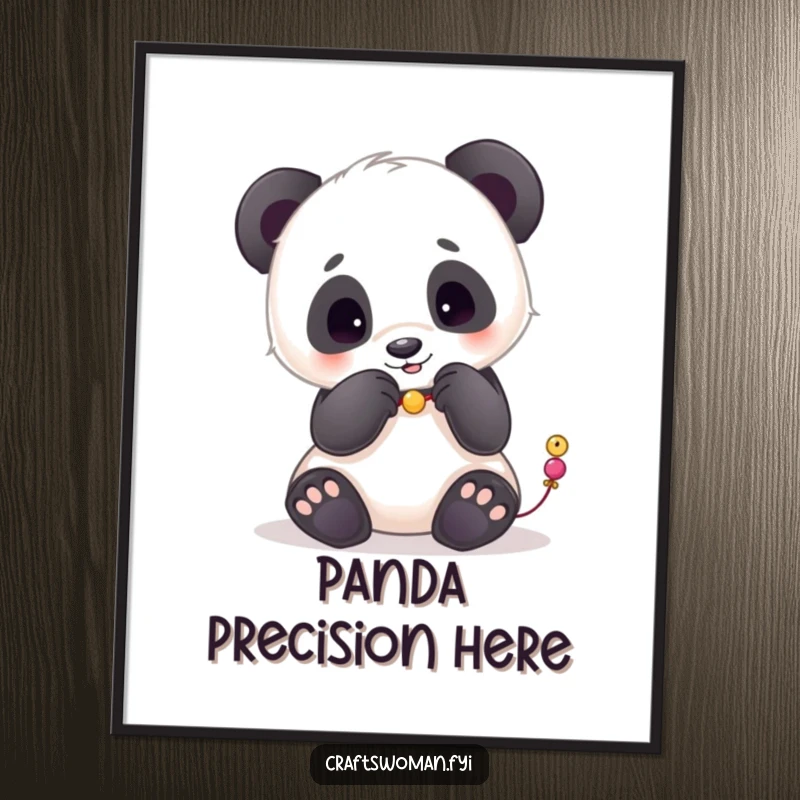 Funny poster art of a playful panda carefully stringing beads with its paws, inspiring creative decor.