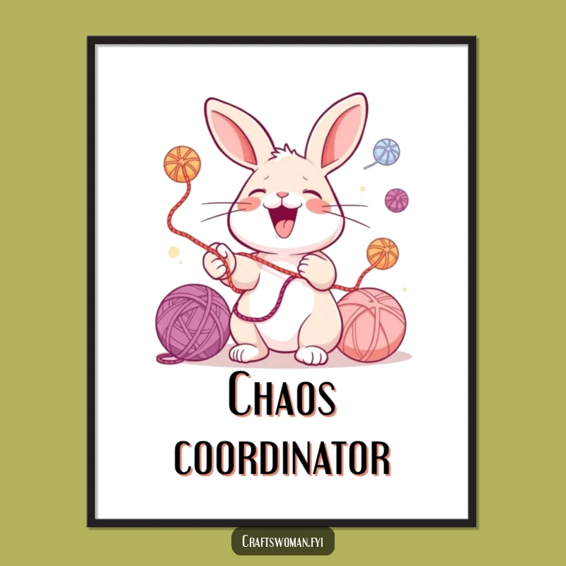 Funny Rabbit Juggling Poster: Colorful Yarn Art for a Playful Space