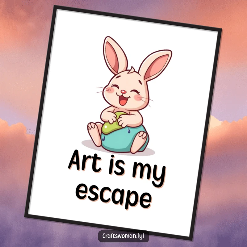 Funny rabbit poster showcasing a happy bunny gleefully sculpting clay into a whimsical, artistic creation, perfect wall art.