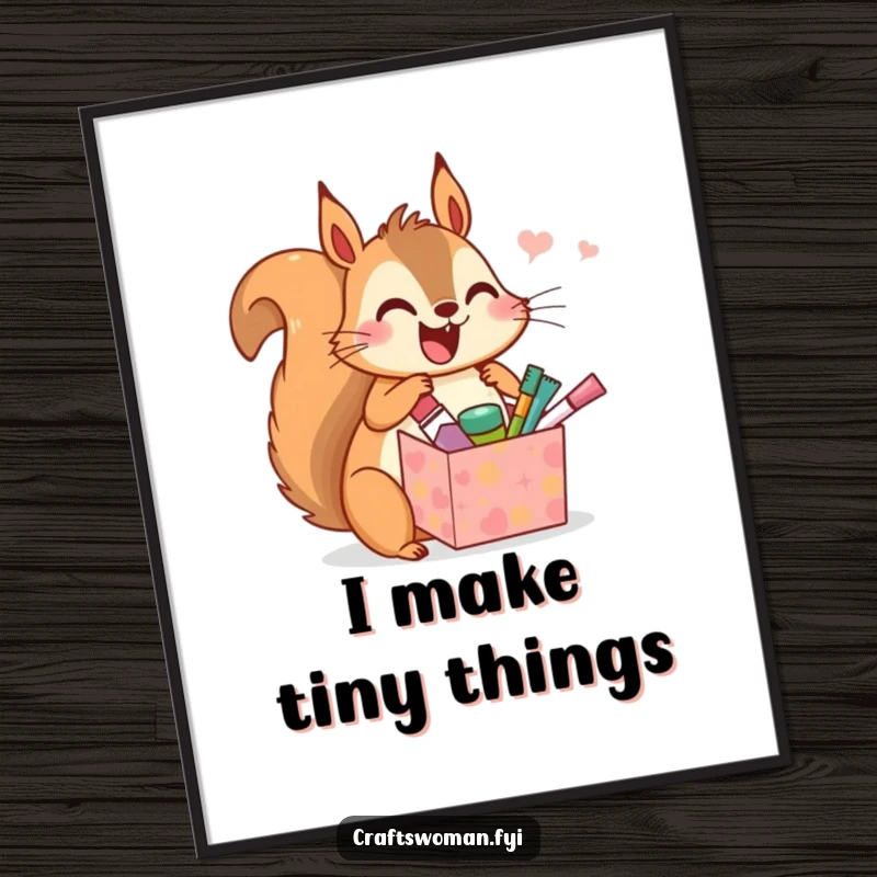 Funny poster art featuring a jubilant squirrel opening a present packed with miniature crafting supplies, capturing a moment of pure glee.