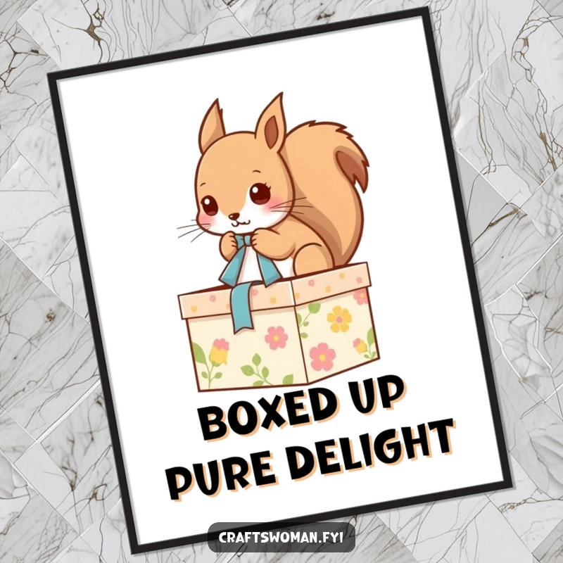 Funny poster showcasing a focused squirrel tying a ribbon onto a beautifully decorated gift box, creating a whimsical and heartwarming scene.