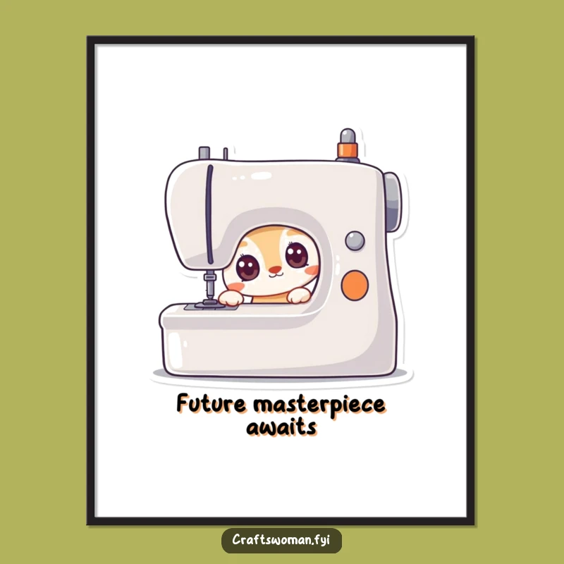 Funny Curious Animal Art Poster: Eager Eye On Sewing Machine, Unique Sewing Gift