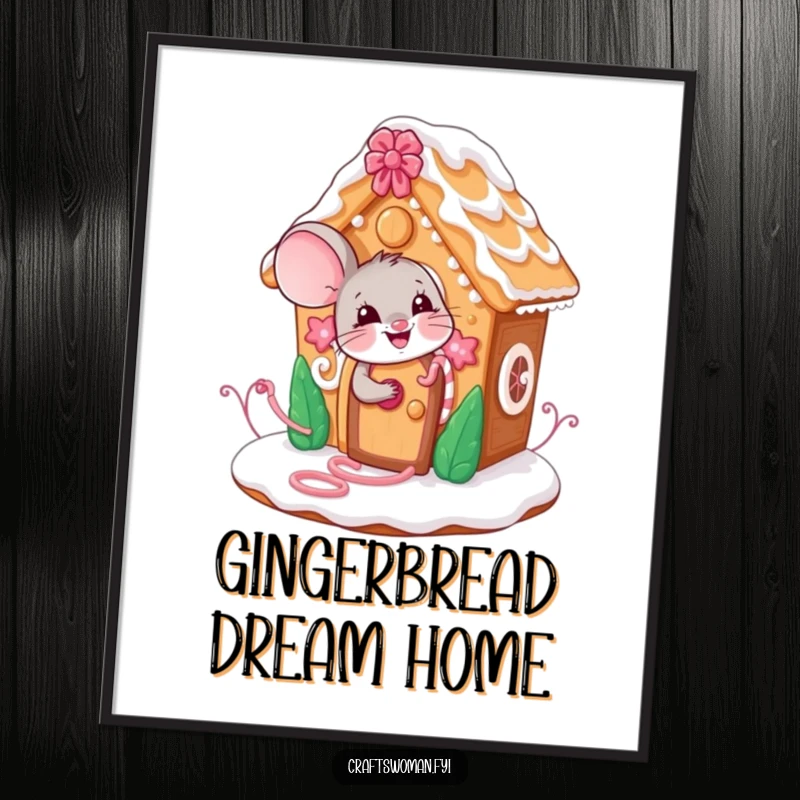 Funny mouse poster art of a giggling character adorning a whimsical gingerbread house, adding festive charm to any room.