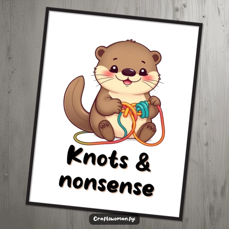 Funny otter poster showcasing a smiling otter knotting colorful yarn into a playful artistic design, vibrant and cheerful.