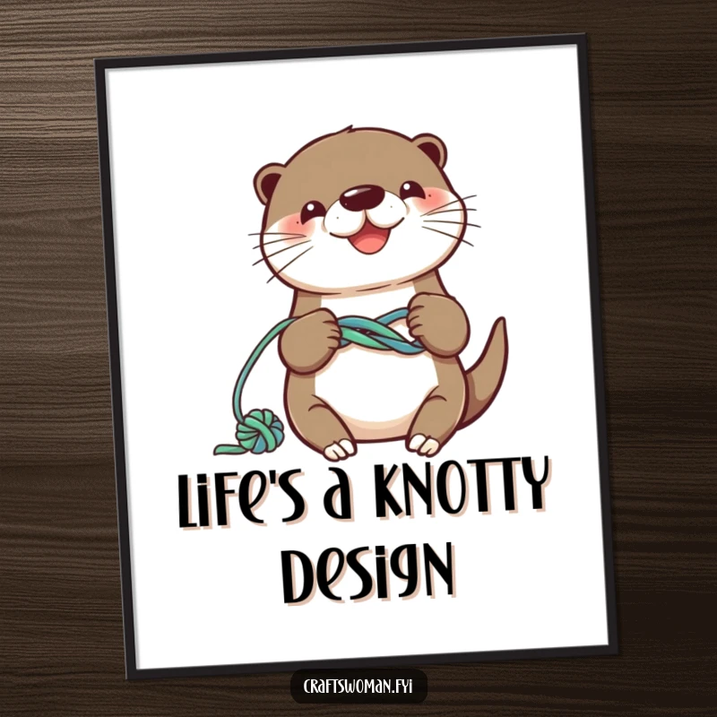 Funny otter poster featuring a smiling character knotting colorful yarn into a playful design, art for crafters.