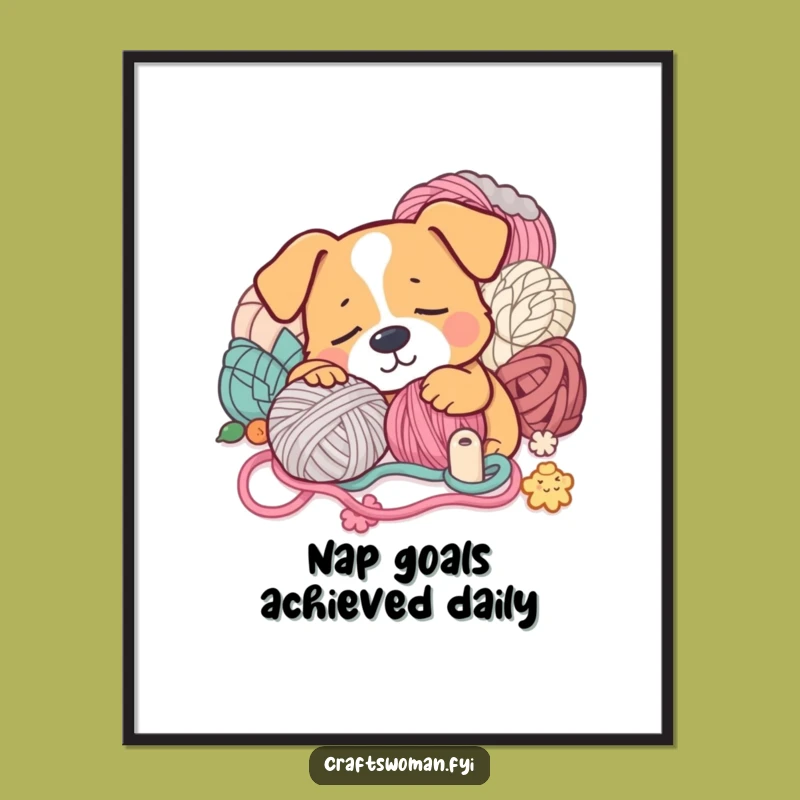 Funny Sleepy Dog Yarn Poster: Hilarious Crafting Decor for Dog Lovers' Walls