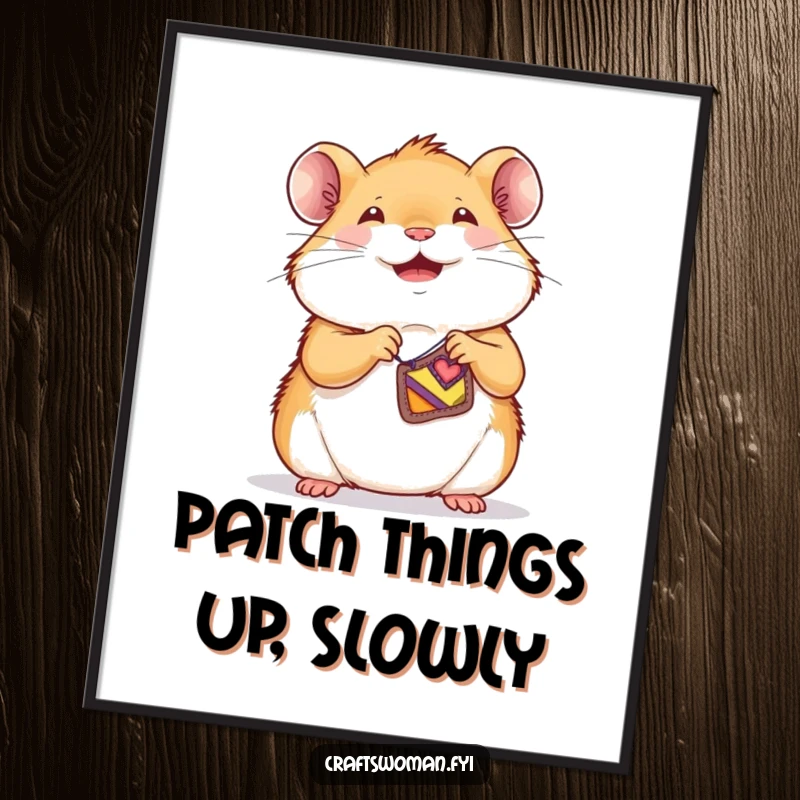 Funny hamster poster featuring a joyful character sewing a tiny, colorful patch onto a small garment, cute craft art.