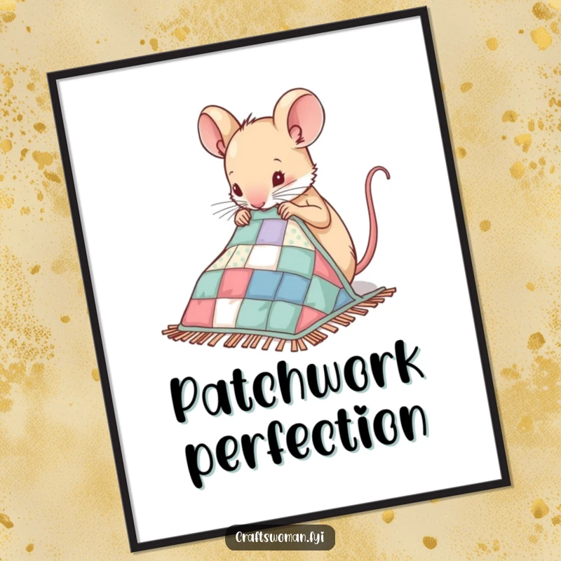 Funny Mouse Poster featuring a nimble mouse expertly sewing patches onto a miniature quilt, a delightful piece of craft art.