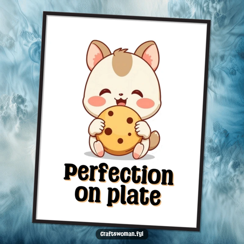 Funny Cookie Admirer Poster: A joyful animal character happily admires a freshly baked cookie with its small, joyous hands, radiating delight.