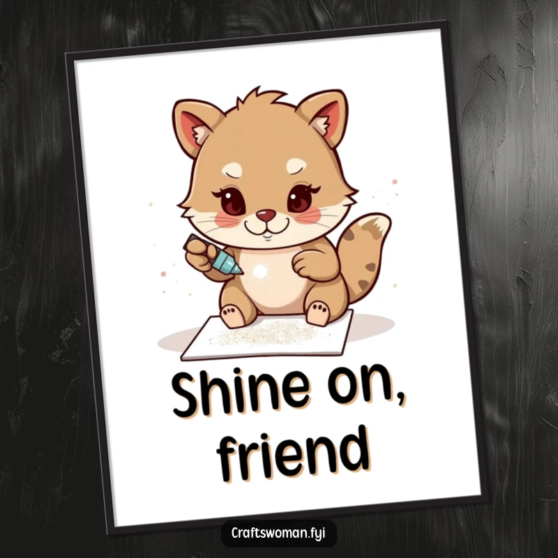 Funny Glitter Card Poster: A determined animal character is shown gluing sparkling glitter onto a handmade card, radiating focus and artistic joy.