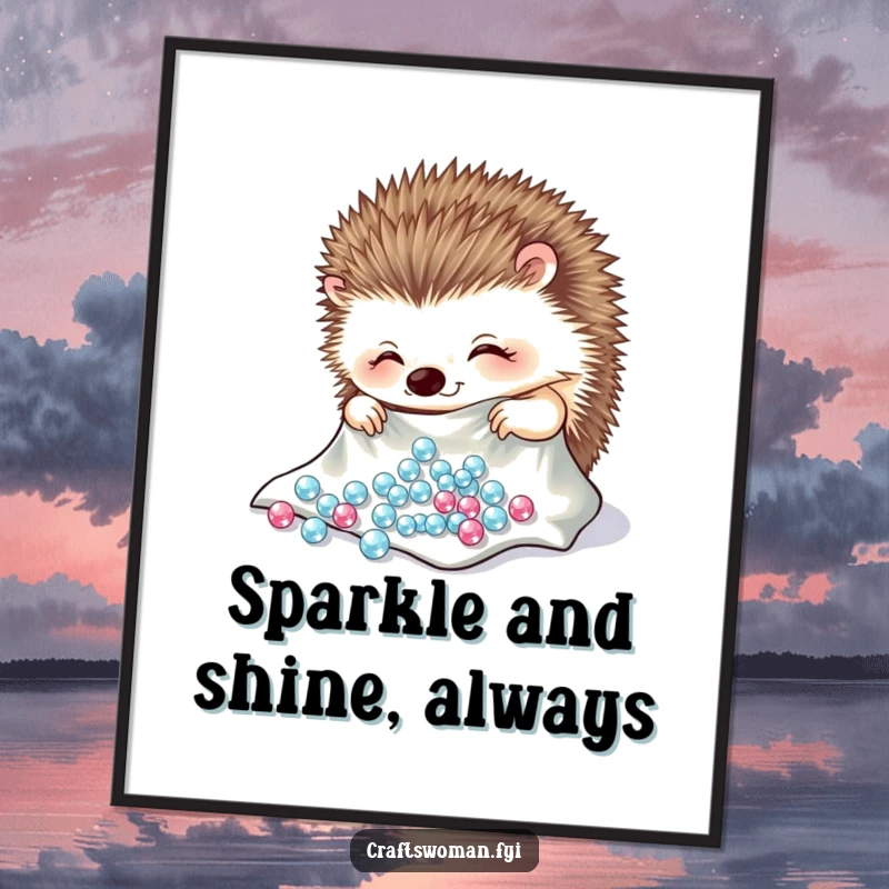 Funny hedgehog poster featuring a cheerful character carefully arranging sparkling beads onto a piece of cloth, art for crafters.
