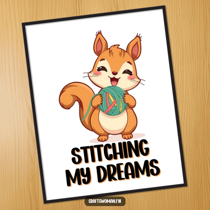 Funny Squirrel Yarn Poster depicting a cute squirrel excitedly holding a colorful yarn ball, mid-stitch, radiating crafty passion.