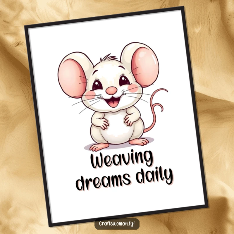 Funny Mouse Weaver Poster: A Joyful Mouse Expertly Weaving Fabric with a Big Proud Smile, Whimsical Wall Art.