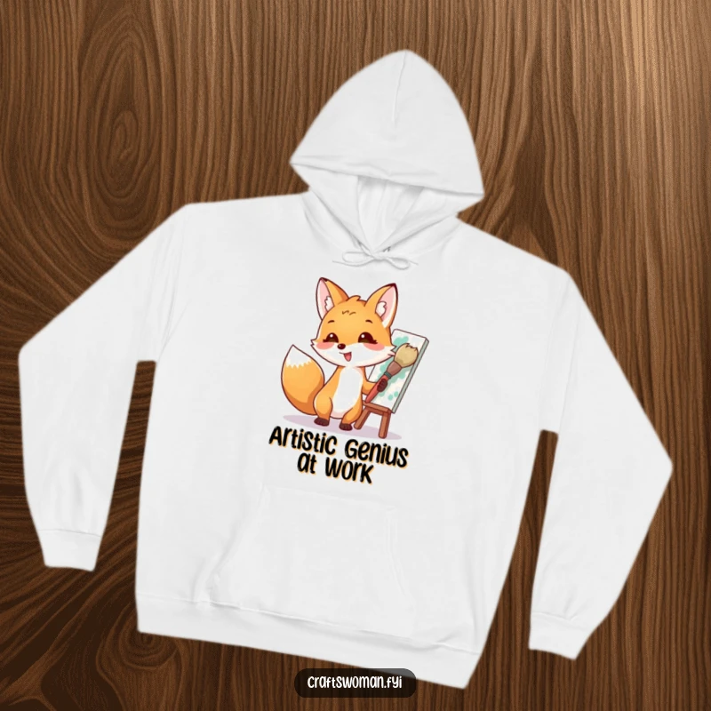 Funny hoodie displaying an excited fox with a giant brush, painting a colorful masterpiece with passion and artistic flair, perfect for cozy humor.