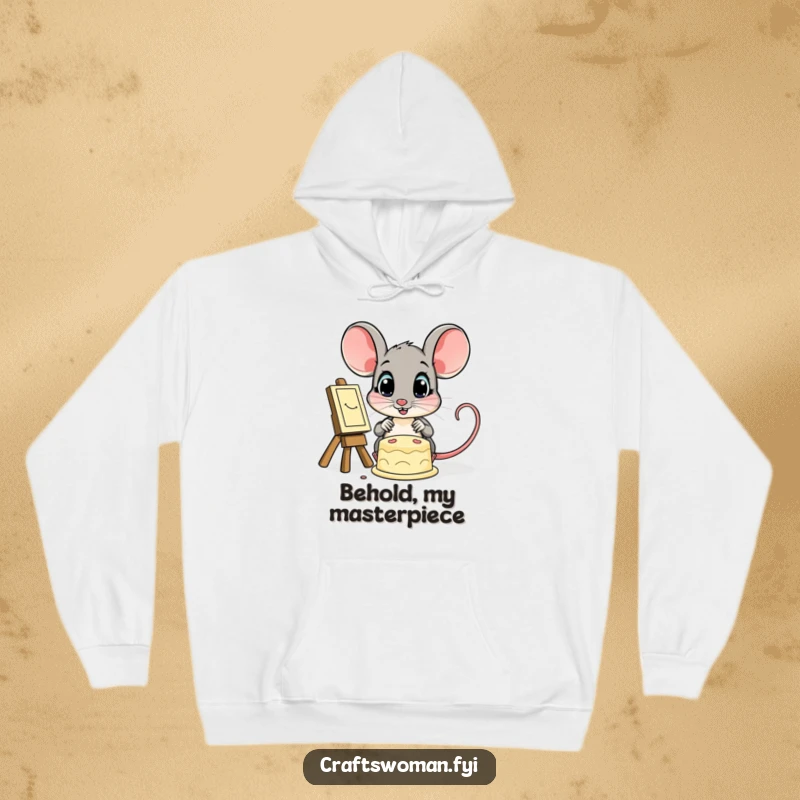 Funny hoodie depicting a small mouse with large, captivated eyes looking at a stunning finished artwork, radiating pure awe and inspiration.