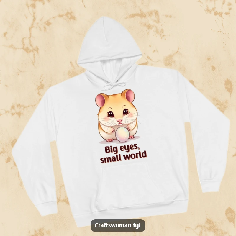 Funny hamster hoodie with a curious hamster character inspecting a tiny bead with sparkling, wide eyes, offering comfort and charm.