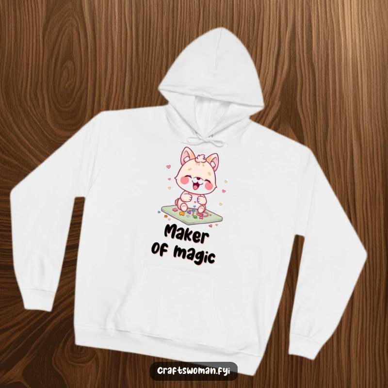 Funny Animal Embellishment Hoodie: An animal character happily arranges tiny decorations onto a craft project, radiating concentration and delight.