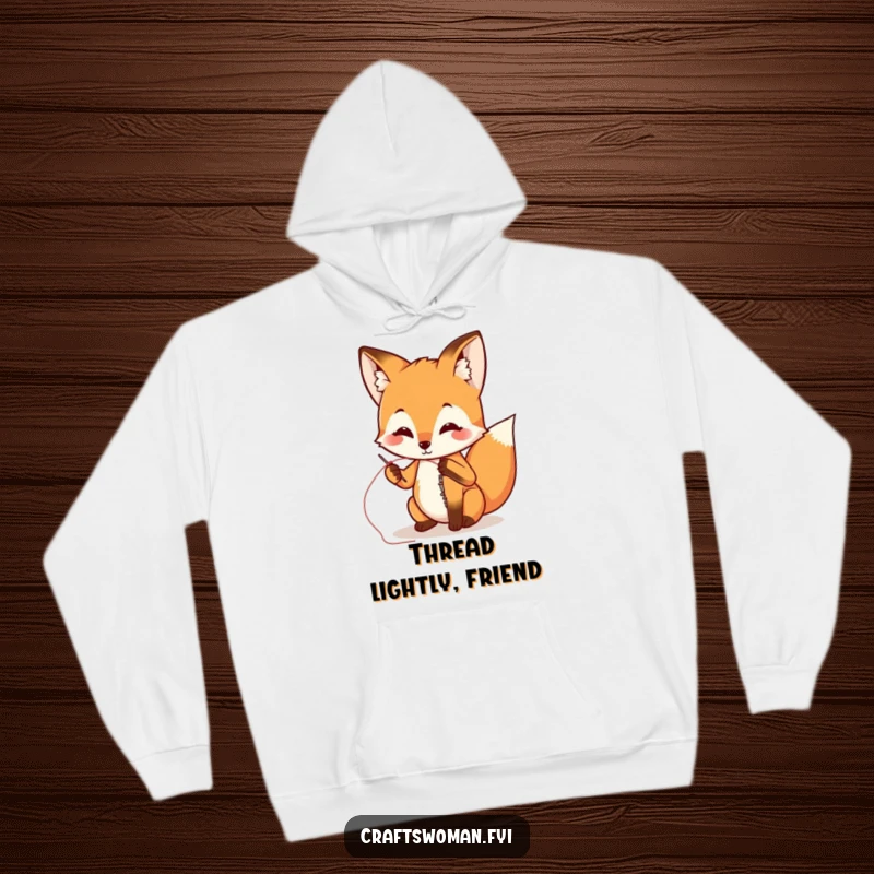 Funny fox with needle and thread sewing a ripped seam, printed on a cozy hoodie, perfect for sewists and humor lovers.