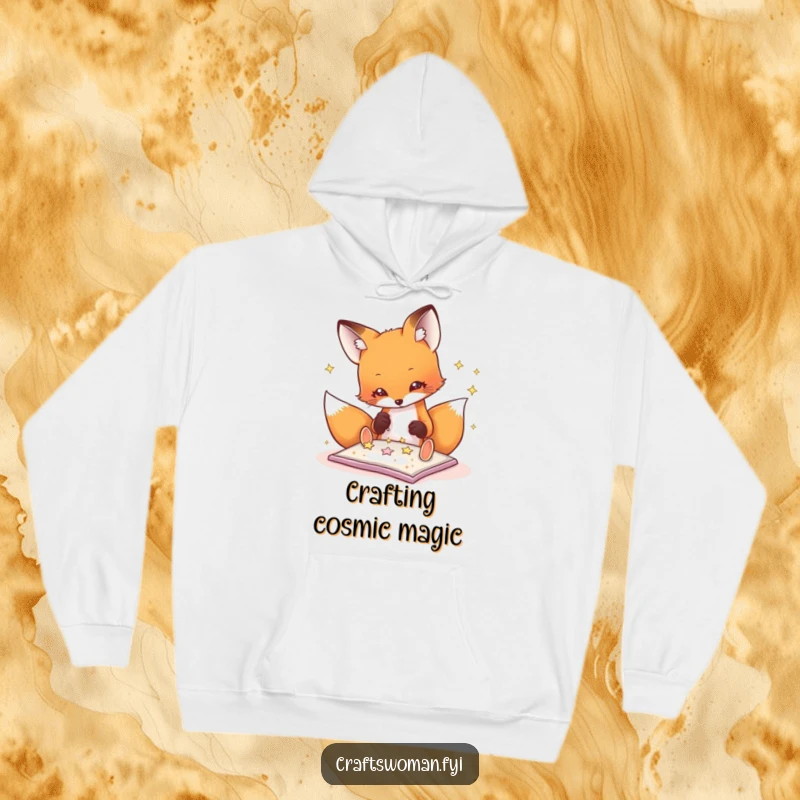 Funny fox hoodie design of a focused fox carefully adding glitter stars to a craft, embodying creativity and fun.