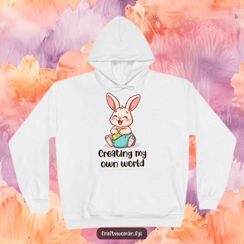 Funny rabbit hoodie showing a happy bunny gleefully sculpting clay into a whimsical shape, ideal for cozy crafting sessions.