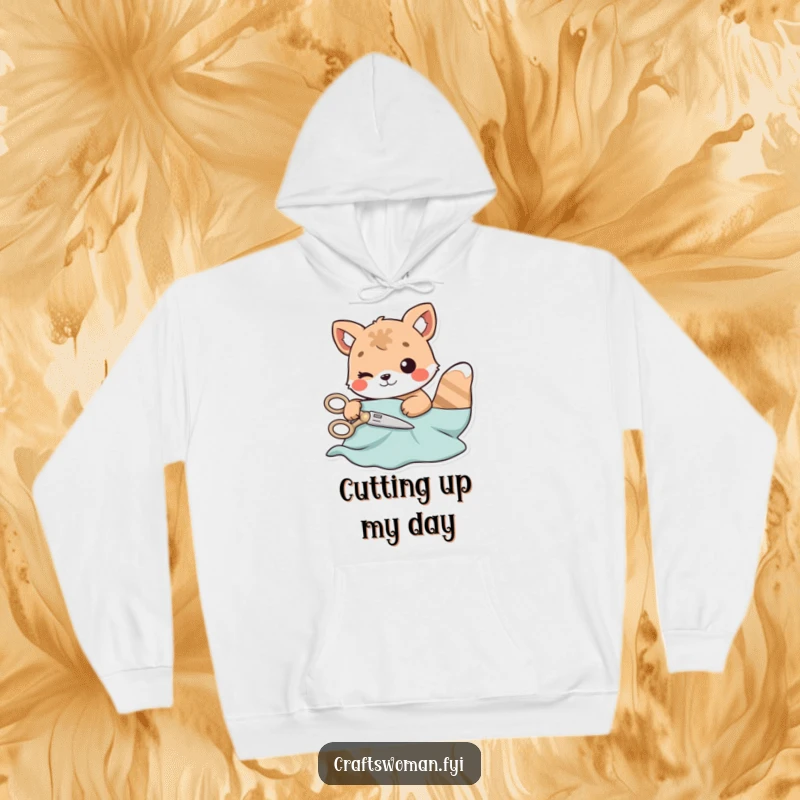 Funny hoodie showing a playful animal character carefully cutting a piece of material with scissors, perfect for crafters.
