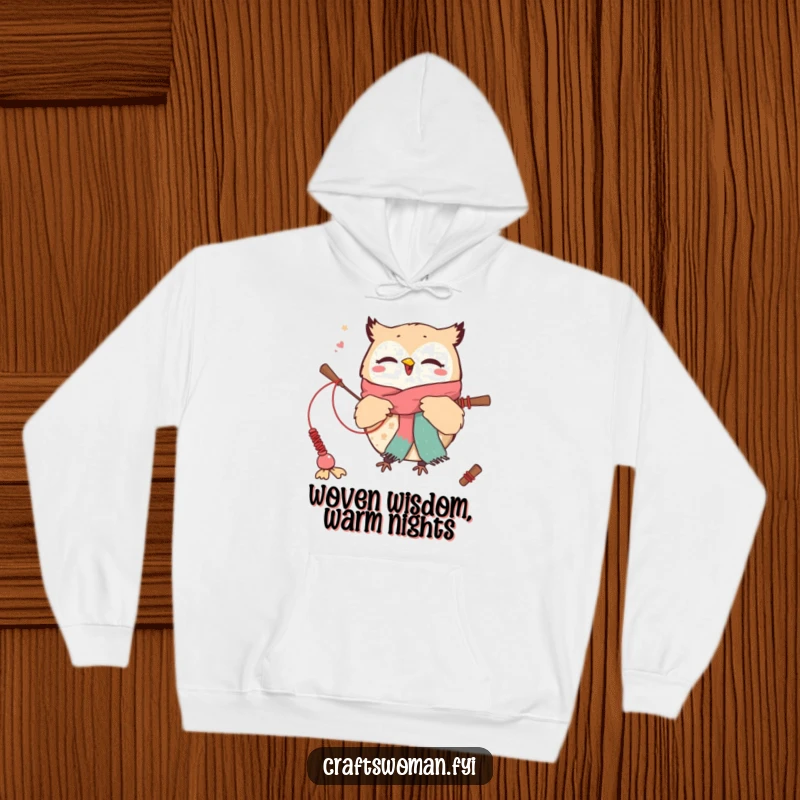 Funny hoodie showing a cute owl character enthusiastically weaving a large scarf with oversized needles, a cozy and humorous gift.