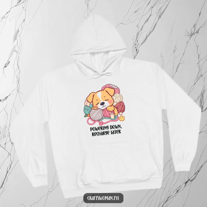 Funny Hoodie: A sleeping dog surrounded by yarn and craft supplies, a humorous apparel gift for crafters.