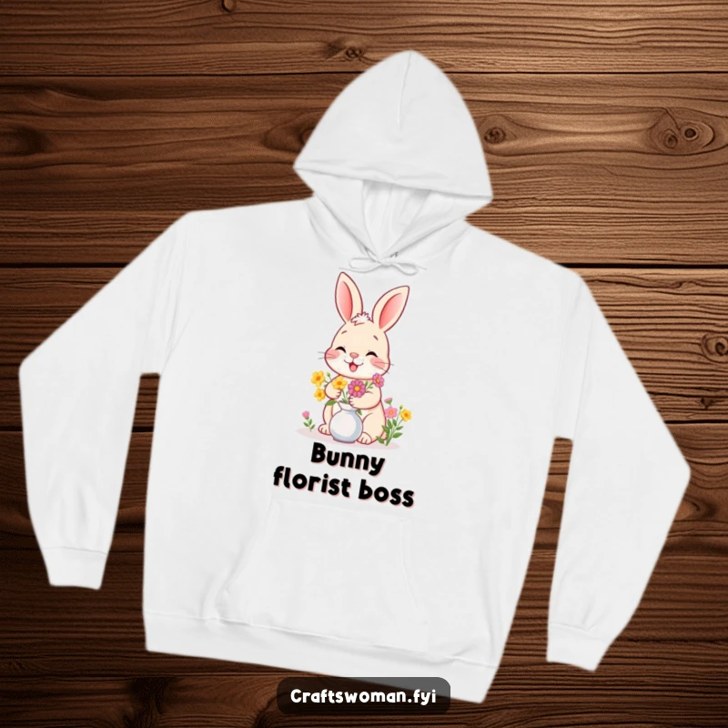 Funny bunny hoodie design of a happy bunny arranging flowers in a vase, exuding joy and playfulness.