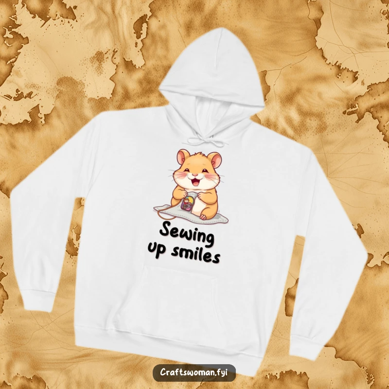 Funny Hoodie with a joyful hamster sewing a tiny, colorful patch onto a small garment, perfect for cozy crafting.