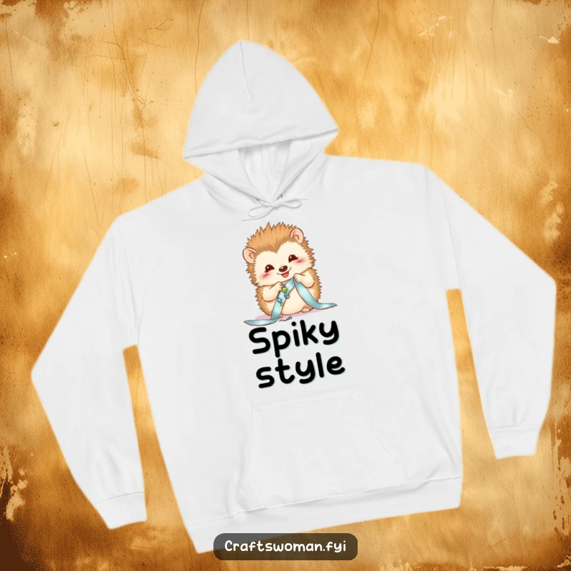 Funny hoodie featuring a happy hedgehog sewing beads onto a ribbon, perfect for cozy crafting sessions.