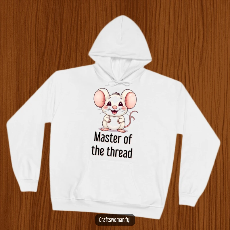 Funny Mouse Weaver Hoodie: A Joyful Mouse Expertly Weaving Fabric with a Big Proud Smile, Cozy and Hilarious.
