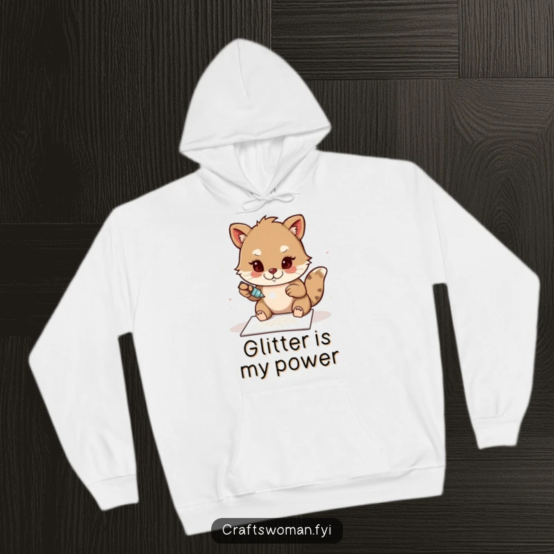 Funny Glitter Artist Hoodie: A determined animal character applies sparkling glitter to a handmade card, radiating focus and creative energy.